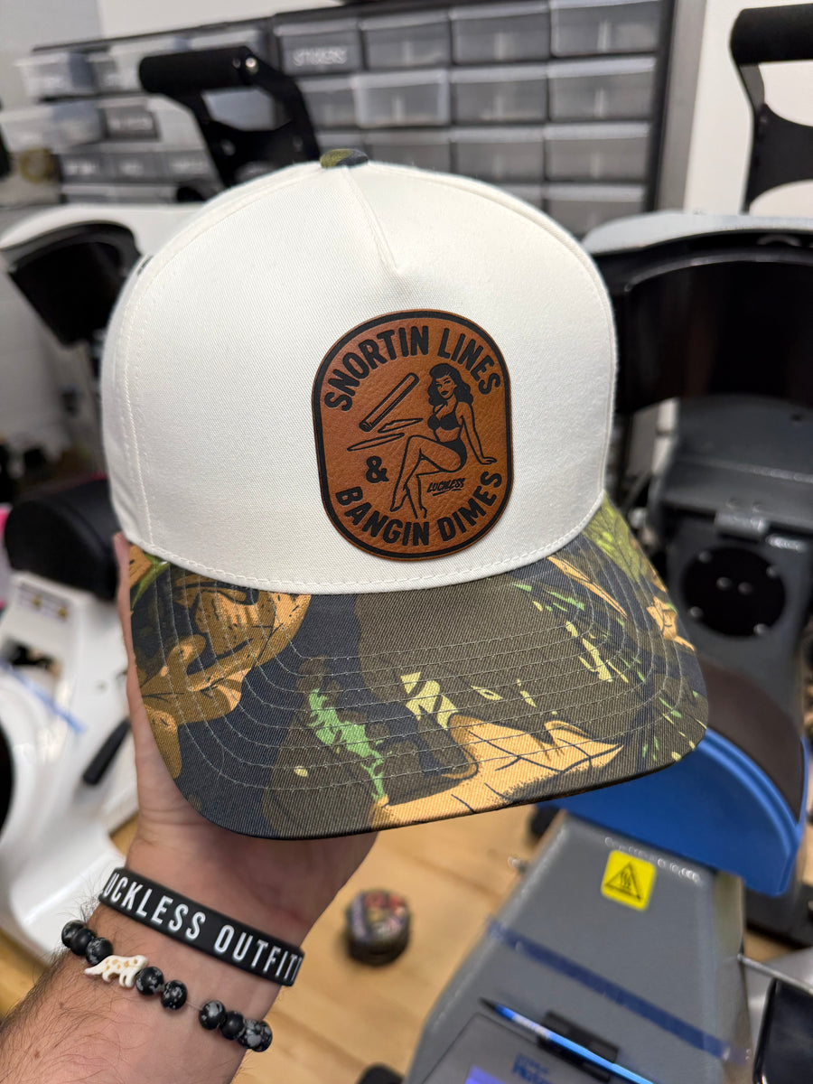 Lines & Dimes | Camo Leather Patch Snapback – Luckless Outfitters