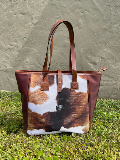 Cowhide Print Brown Leather Canvas Tote Bag | Blocked