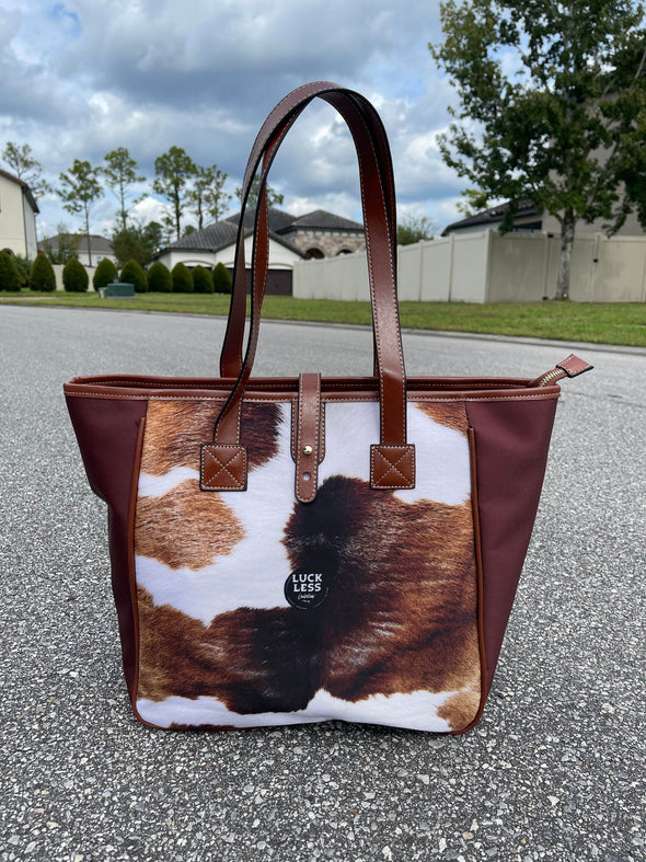 Cowhide Print Brown Leather Canvas Tote Bag | Blocked