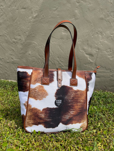 Cowhide Print Brown Leather Canvas Tote Bag