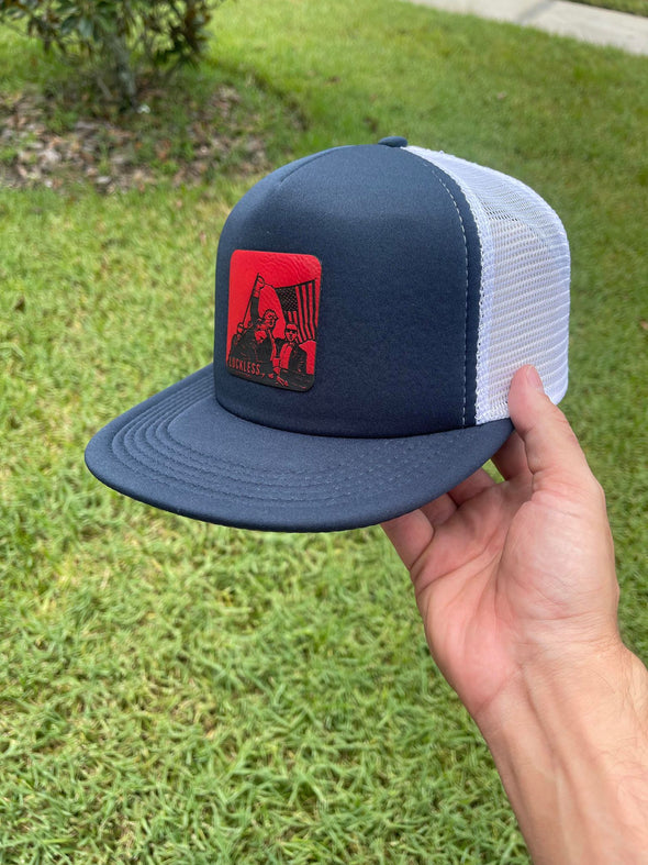 FIGHT! Navy / White + Red Leather Flat Bill Trucker