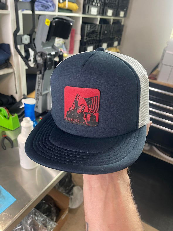 FIGHT! Navy / White + Red Leather Flat Bill Trucker