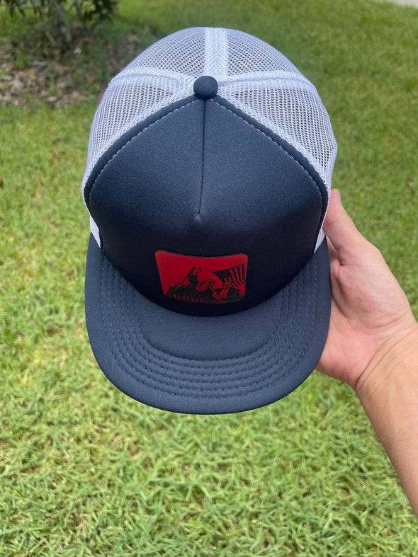 FIGHT! Navy / White + Red Leather Flat Bill Trucker