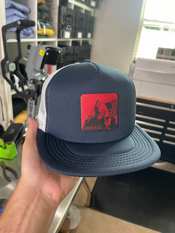 FIGHT! Navy / White + Red Leather Flat Bill Trucker