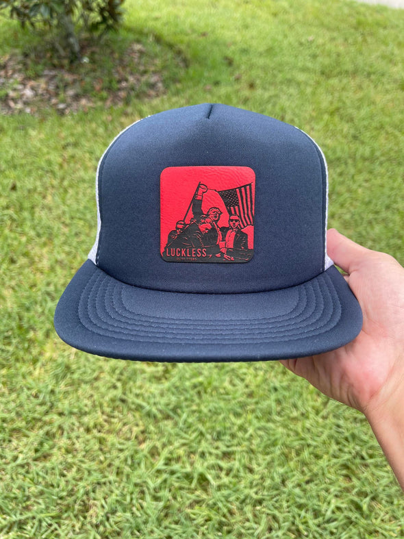 FIGHT! Navy / White + Red Leather Flat Bill Trucker