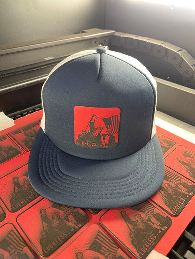FIGHT! Navy / White + Red Leather Flat Bill Trucker