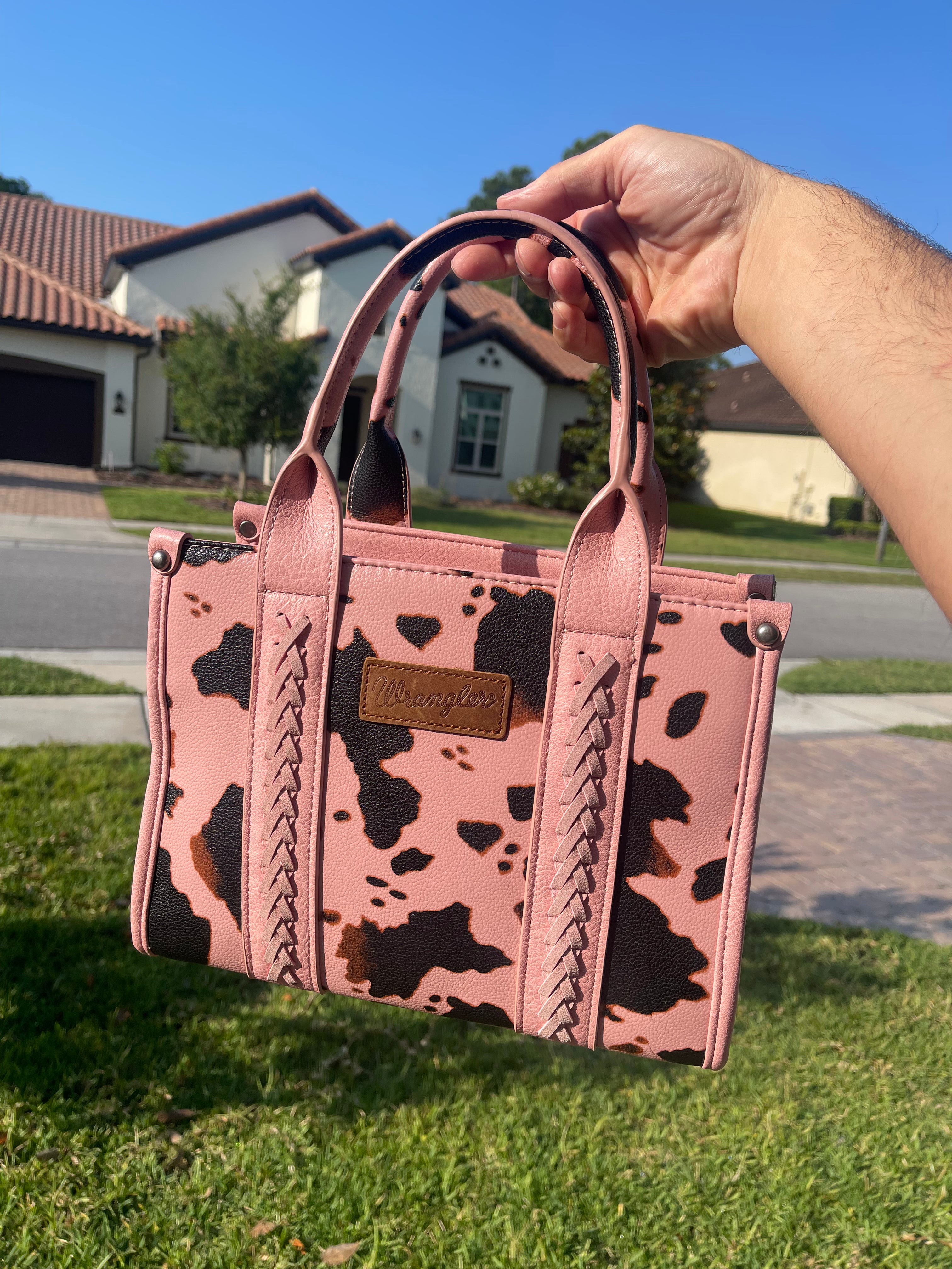 Pink cow print bag hotsell