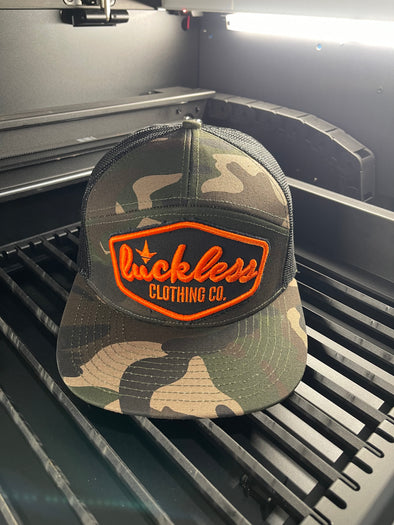 Neon Orange Patch + Camo | Black Mesh Snapback Hat