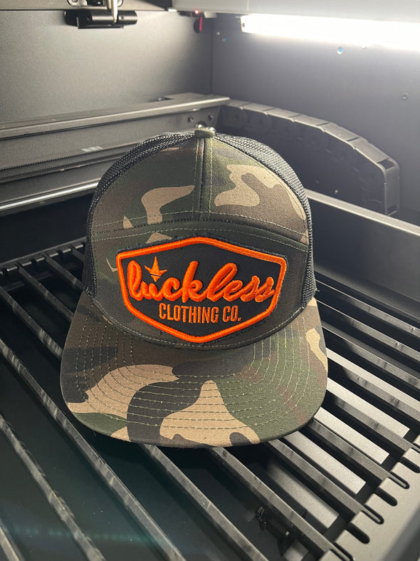 Neon Orange Patch + Camo | Black Mesh Snapback Hat