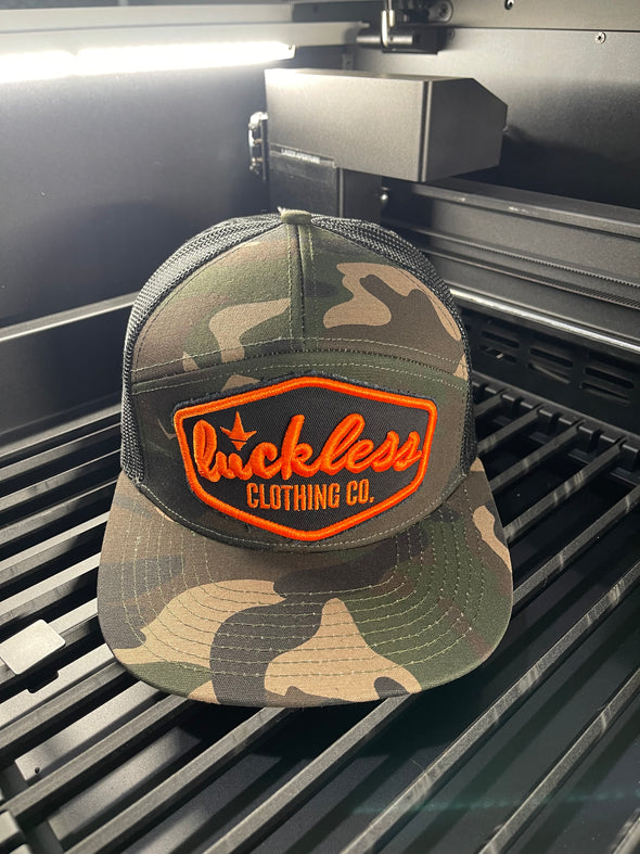 Neon Orange Patch + Camo | Black Mesh Snapback Hat