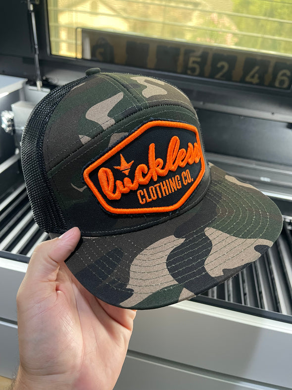 Neon Orange Patch + Camo | Black Mesh Snapback Hat