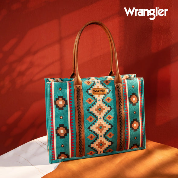 Wrangler Southwestern Dual Sided Canvas Wide Tote - Turquoise