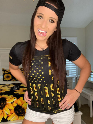 Sunflower Grunge Flag Ladies Fit T-shirt - Luckless Outfitters - Country - Apparel - Music - Clothing - Redneck - Girl - Women - www.lucklessclothing.com - Matt - Ford Parody - Concert - She Wants the D - Lets Get Dirty - Mud Run - Mudding - 