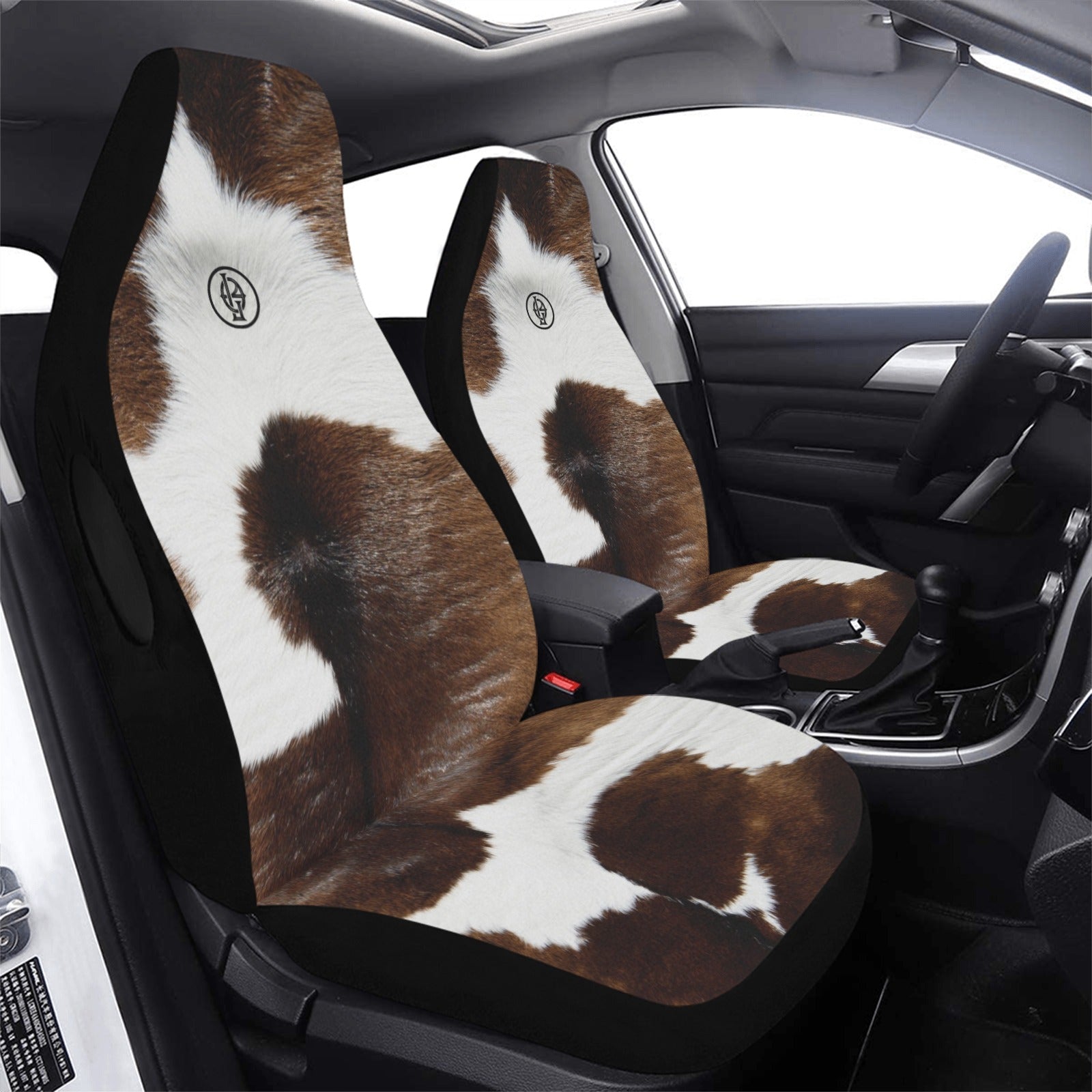 Howilath Silver Cow Print Car Interior Set - Seat Covers, Mats, Steering Wheel Cover, 12 Pc Bundle