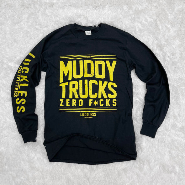 Muddy Trucks Zero F*cks (Multiple Styles) - Luckless Outfitters - Country - Apparel - Music - Clothing - Redneck - Girl - Women - www.lucklessclothing.com - Matt - Ford Parody - Concert - She Wants the D - Lets Get Dirty - Mud Run - Mudding - 