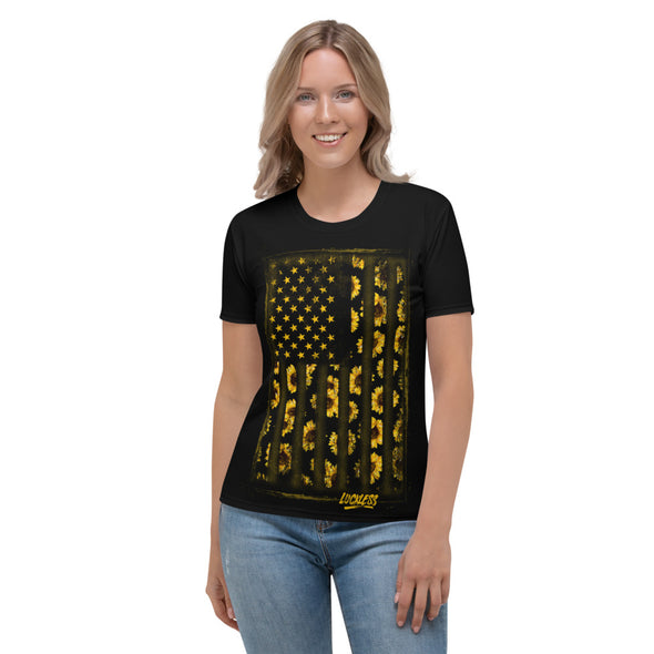 Sunflower Grunge Flag Ladies Fit T-shirt - Luckless Outfitters - Country - Apparel - Music - Clothing - Redneck - Girl - Women - www.lucklessclothing.com - Matt - Ford Parody - Concert - She Wants the D - Lets Get Dirty - Mud Run - Mudding - 