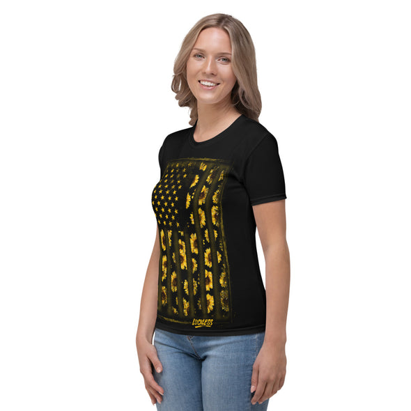 Sunflower Grunge Flag Ladies Fit T-shirt - Luckless Outfitters - Country - Apparel - Music - Clothing - Redneck - Girl - Women - www.lucklessclothing.com - Matt - Ford Parody - Concert - She Wants the D - Lets Get Dirty - Mud Run - Mudding - 