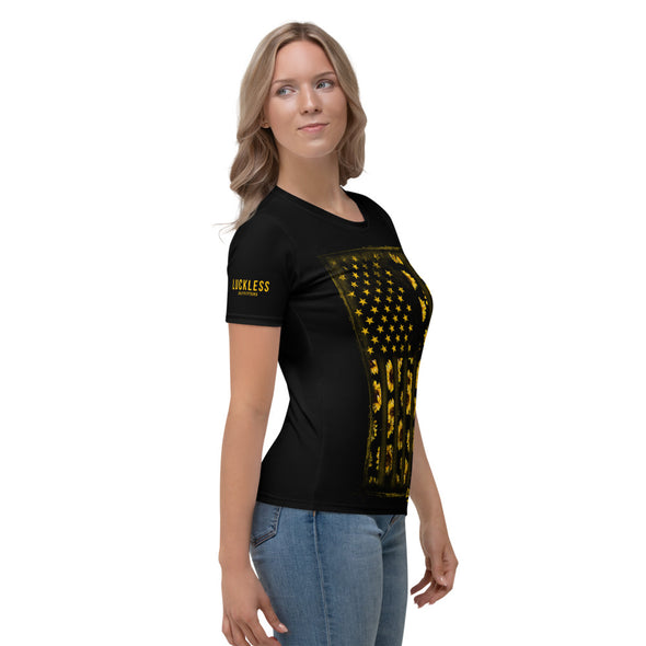 Sunflower Grunge Flag Ladies Fit T-shirt - Luckless Outfitters - Country - Apparel - Music - Clothing - Redneck - Girl - Women - www.lucklessclothing.com - Matt - Ford Parody - Concert - She Wants the D - Lets Get Dirty - Mud Run - Mudding - 