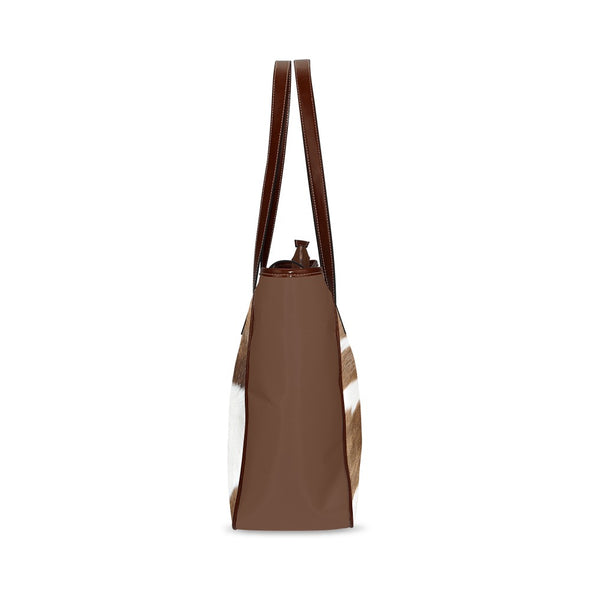 Cowhide Print Brown Leather Canvas Tote Bag | Blocked