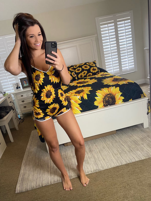 Sunflower V-neck Cami Romper - Luckless Outfitters