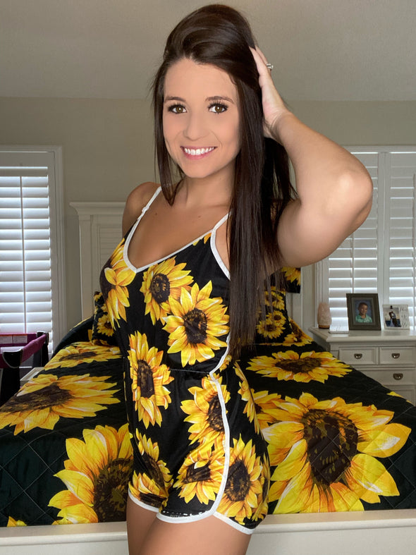 Sunflower V-neck Cami Romper - Luckless Outfitters